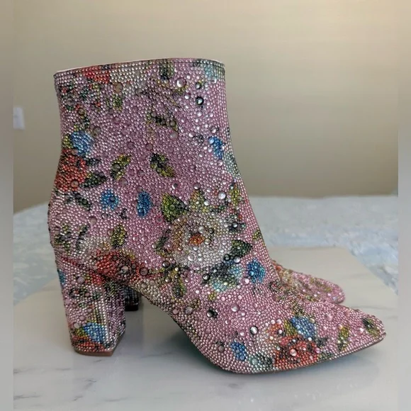 Betsey Johnson Pink Floral Crystal Block Heel Booties - Picture 3 of 12